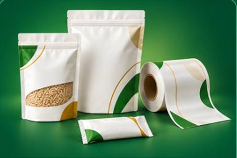 Imagem ilustrativa de embalagens flexíveis para alimentos e uma bobina impressa